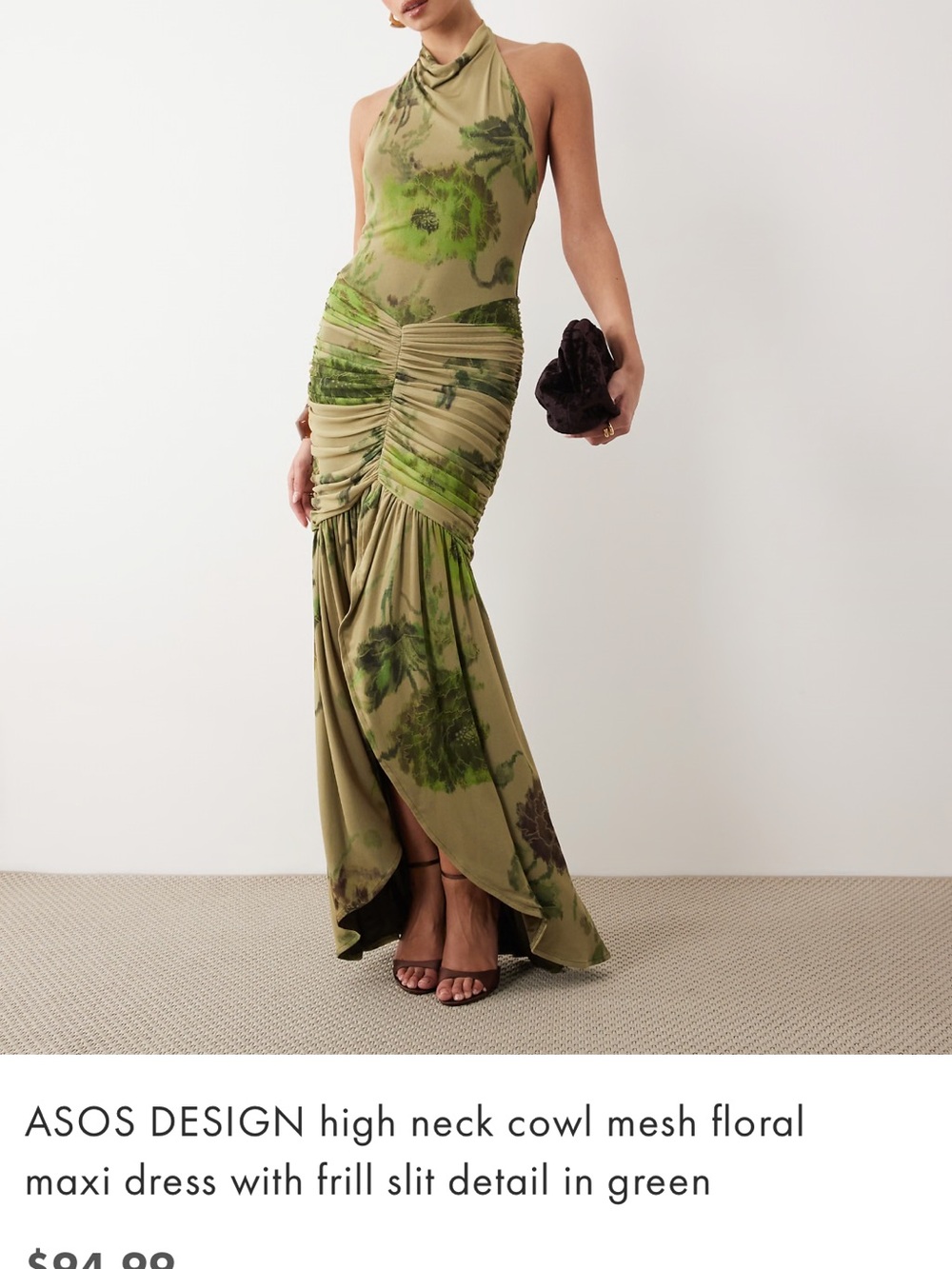 ASOS Olive Green High-Neck Ruched Floral Maxi Dress